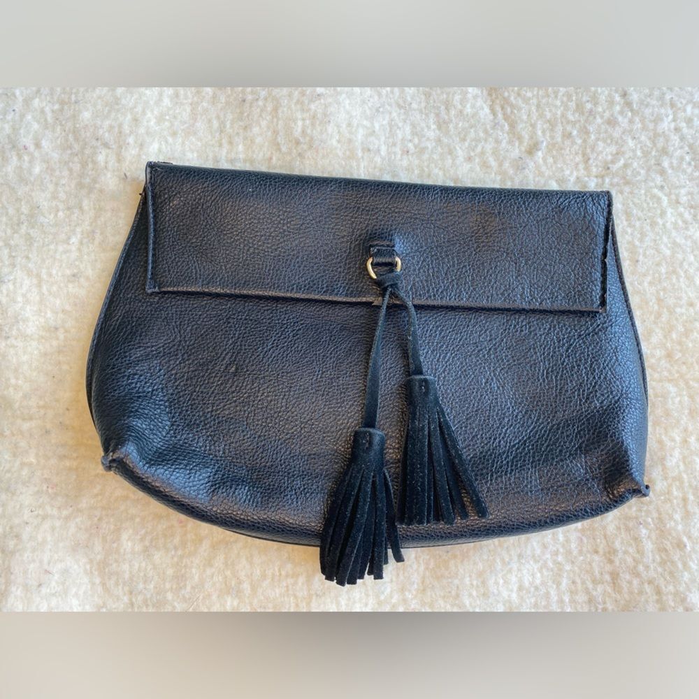Anthropologie Black Leather Clutch Bag with Suede Tassel - Picture 1 of 8